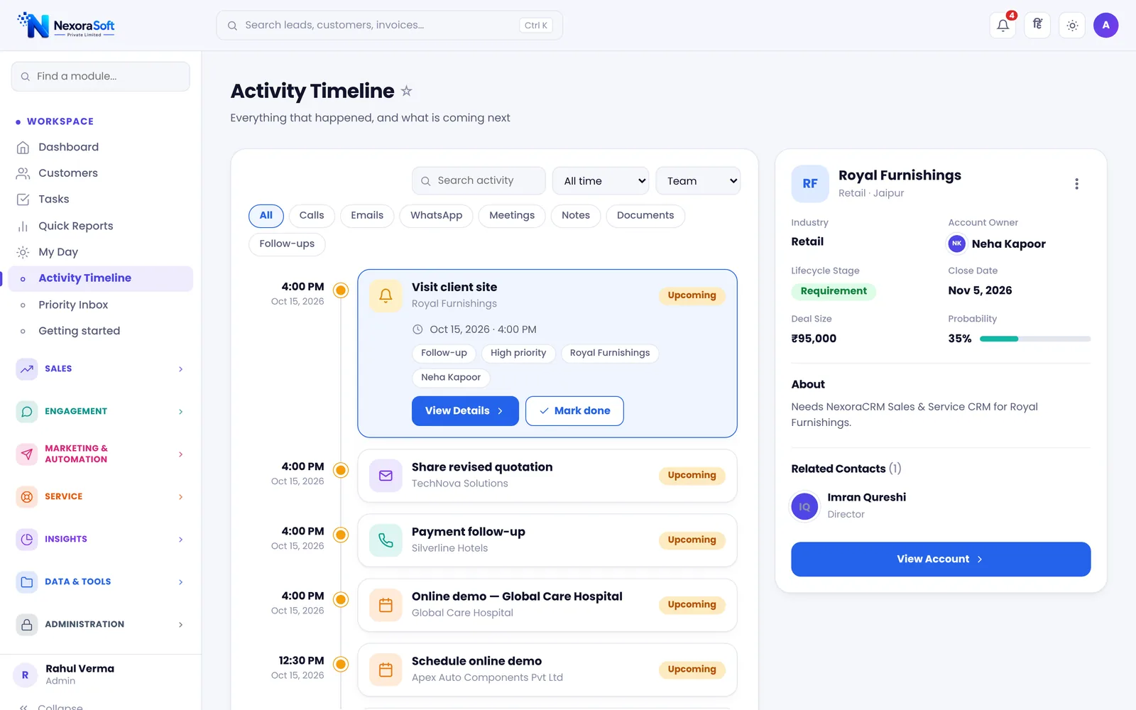 NexoraCRM activity timeline listing upcoming visits, quotations, payment follow-ups and demos with the account card on the right