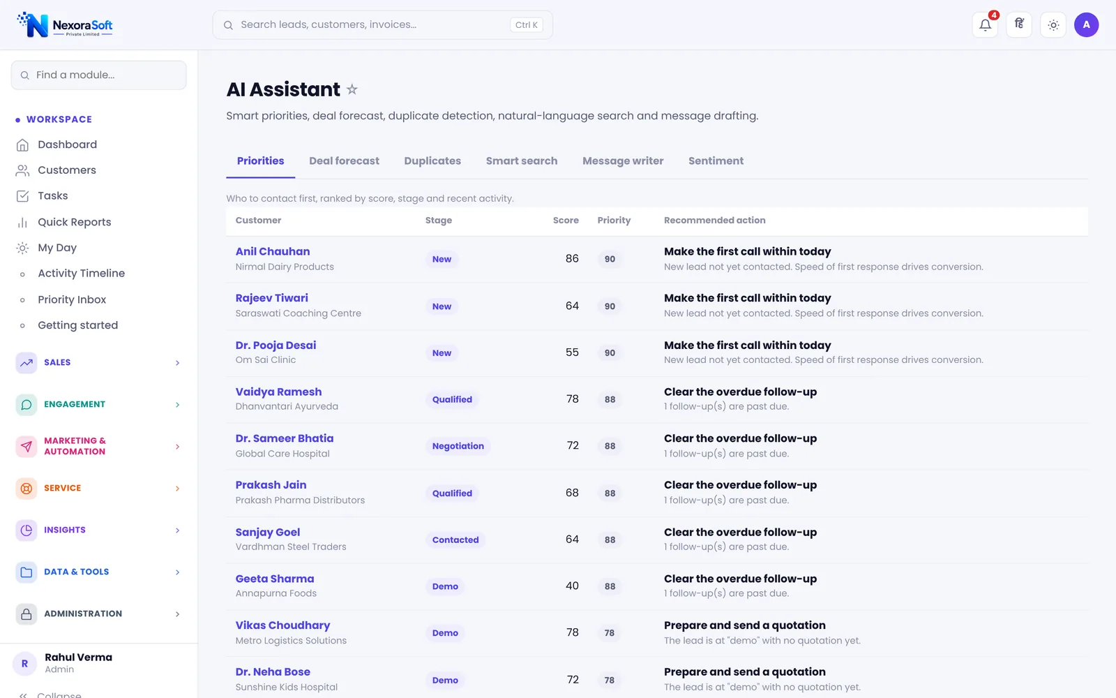 NexoraCRM AI assistant ranking leads by score and priority with a recommended next action for each