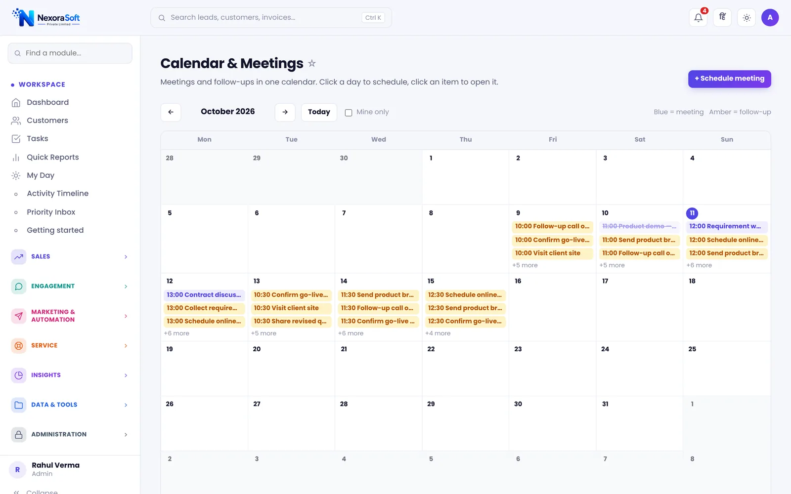 NexoraCRM calendar and meetings screen showing the month view with scheduled follow-ups and client meetings