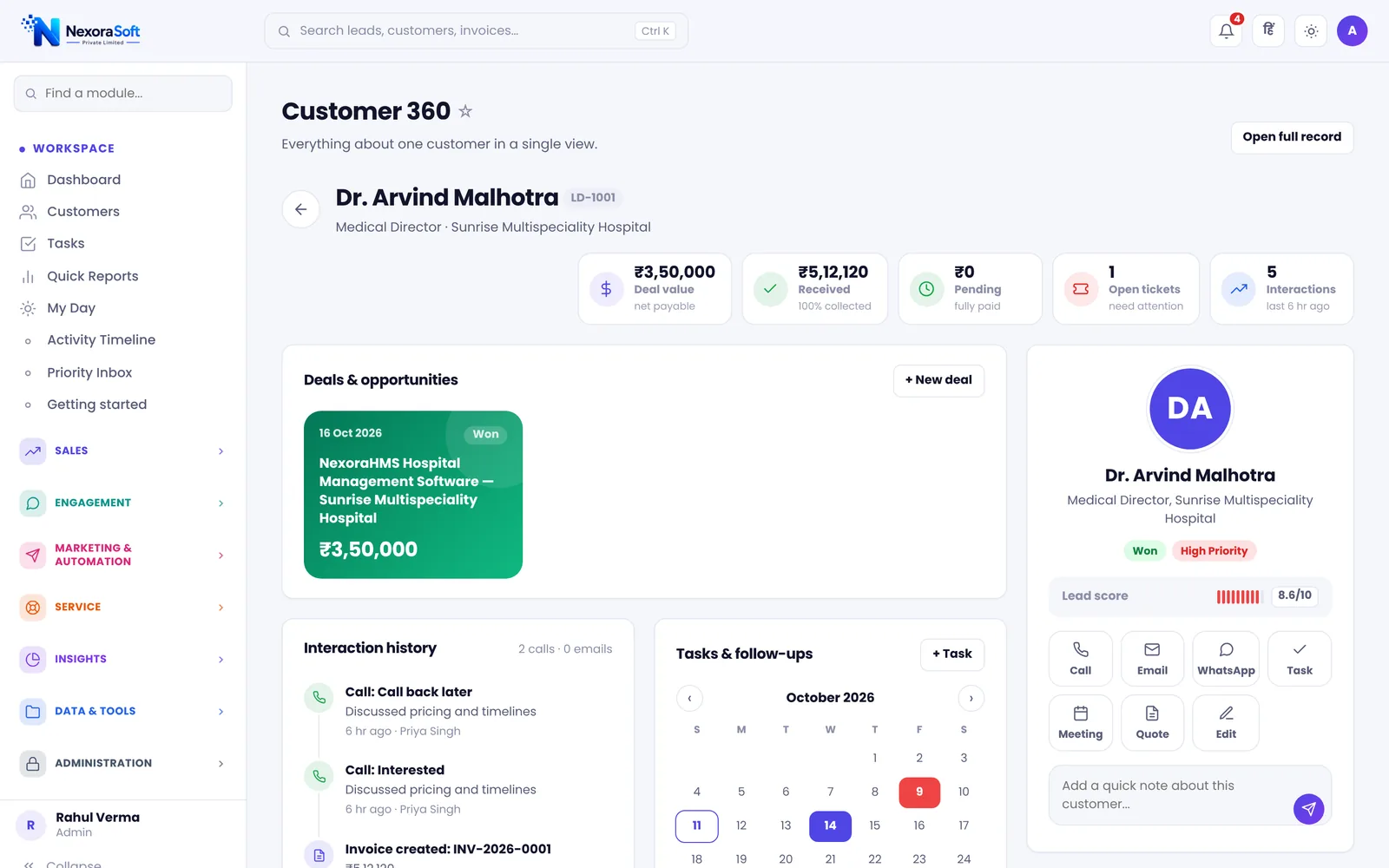 NexoraCRM Customer 360 view of a hospital customer showing deal value, amount received, pending balance, open tickets, deals, interaction history and a task calendar