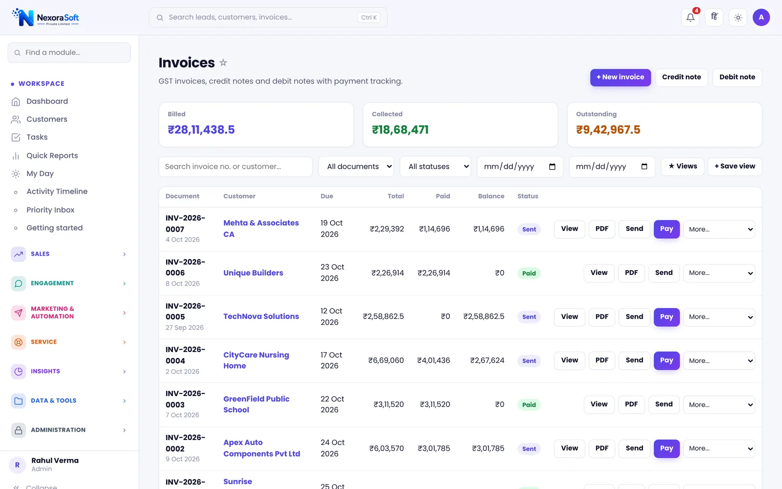 NexoraCRM GST invoices screen with billed, collected and outstanding totals and invoice list with paid and balance amounts