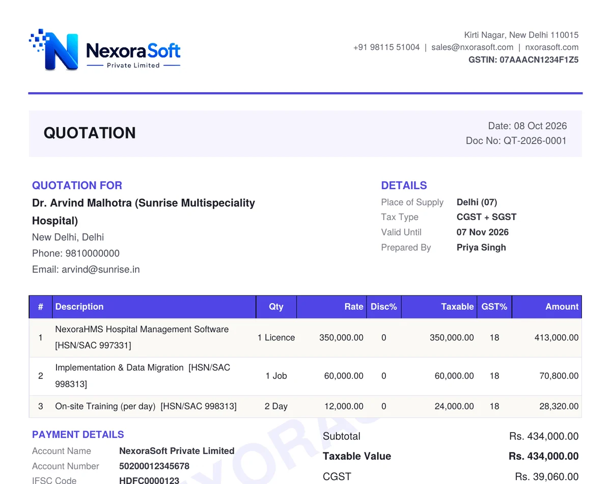 GST quotation PDF generated by NexoraCRM with company GSTIN, place of supply, CGST and SGST tax type, HSN/SAC codes, quantity, rate, taxable value and amount