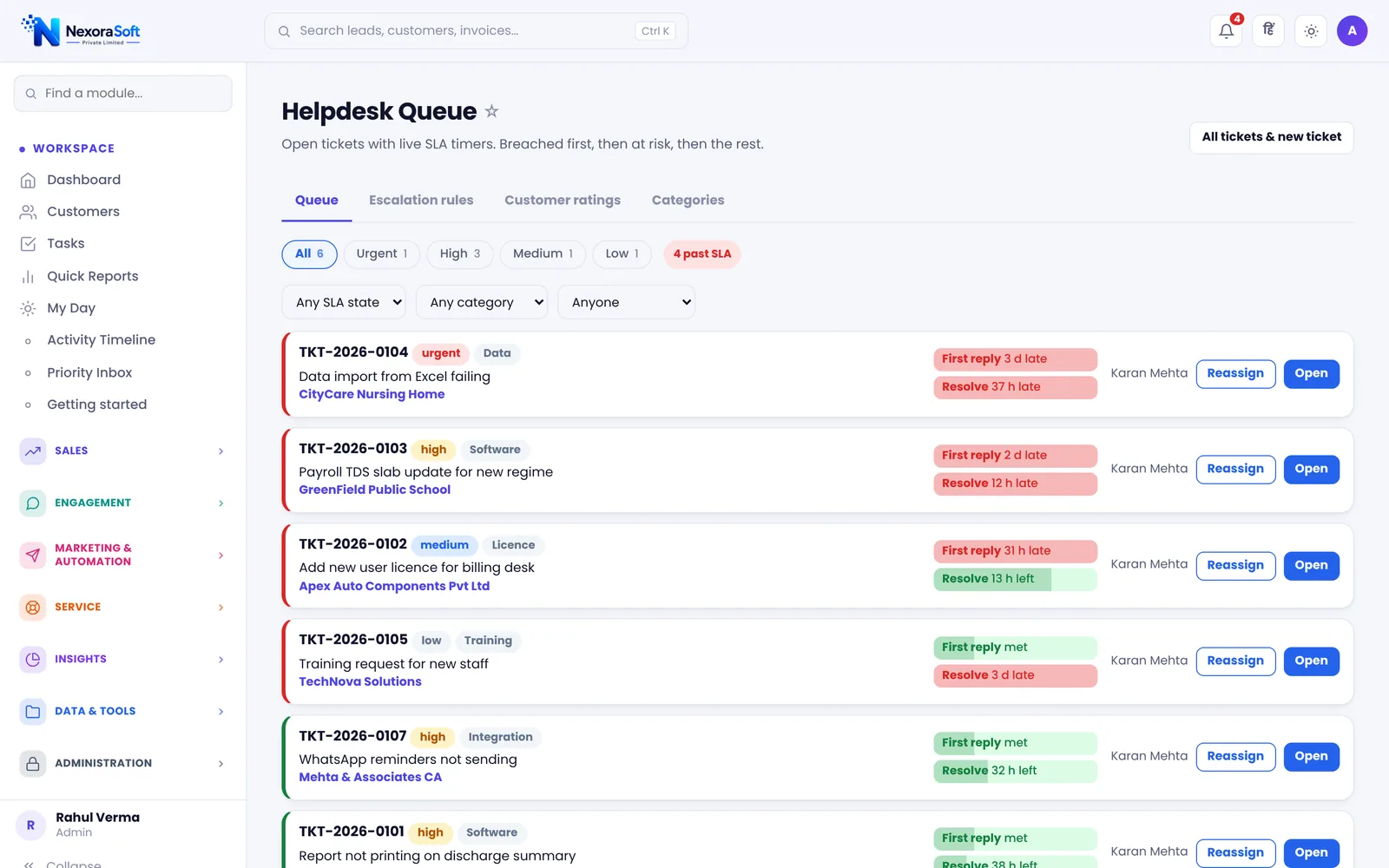 NexoraCRM helpdesk queue with support tickets sorted by priority, first response and resolution SLA timers, assigned technician and reassign options