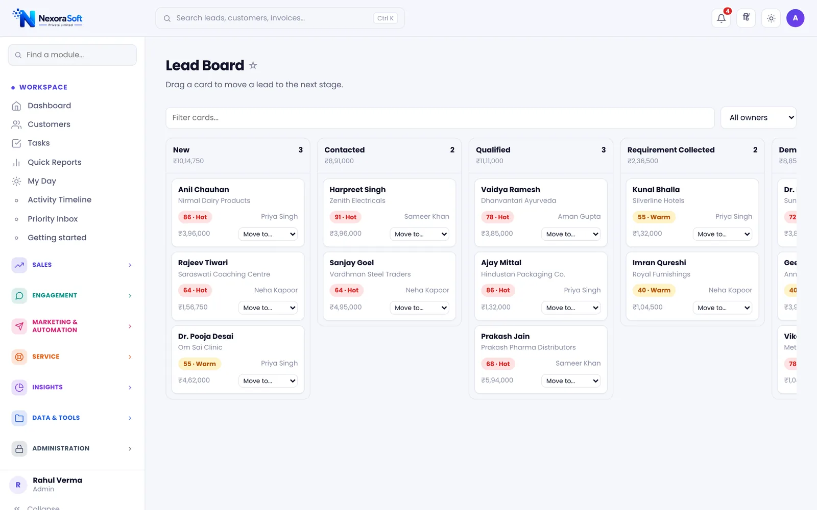 NexoraCRM lead board you will see in the free CRM demo