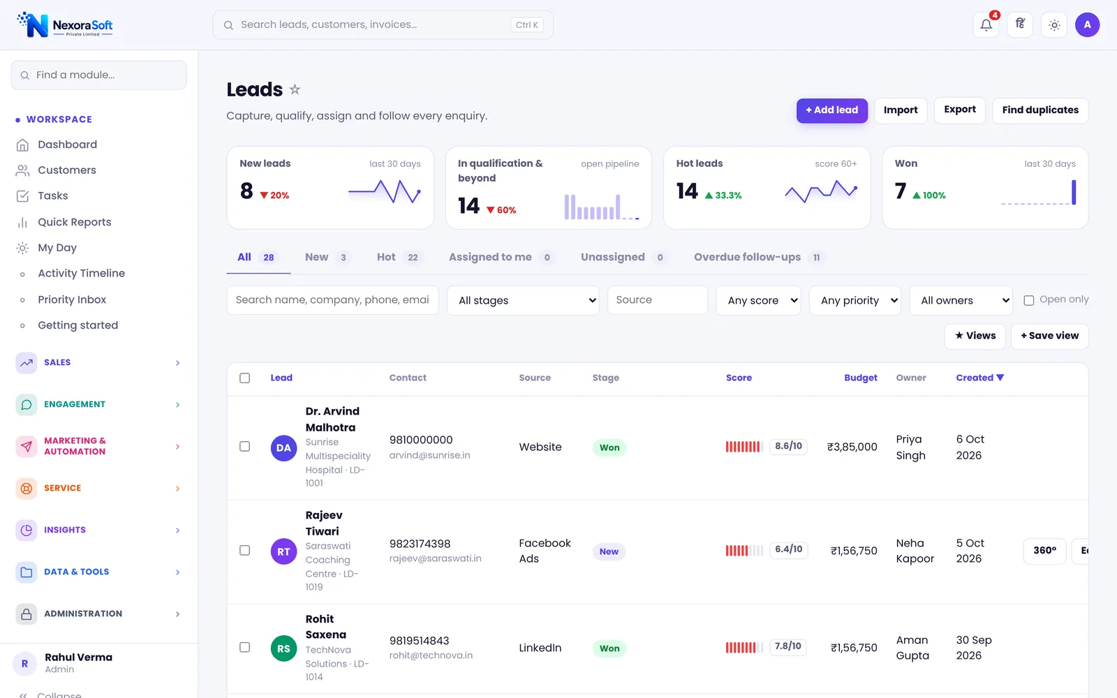 NexoraCRM lead management screen listing leads with source, lead score, stage, owner and budget, with new, hot and won lead KPI cards