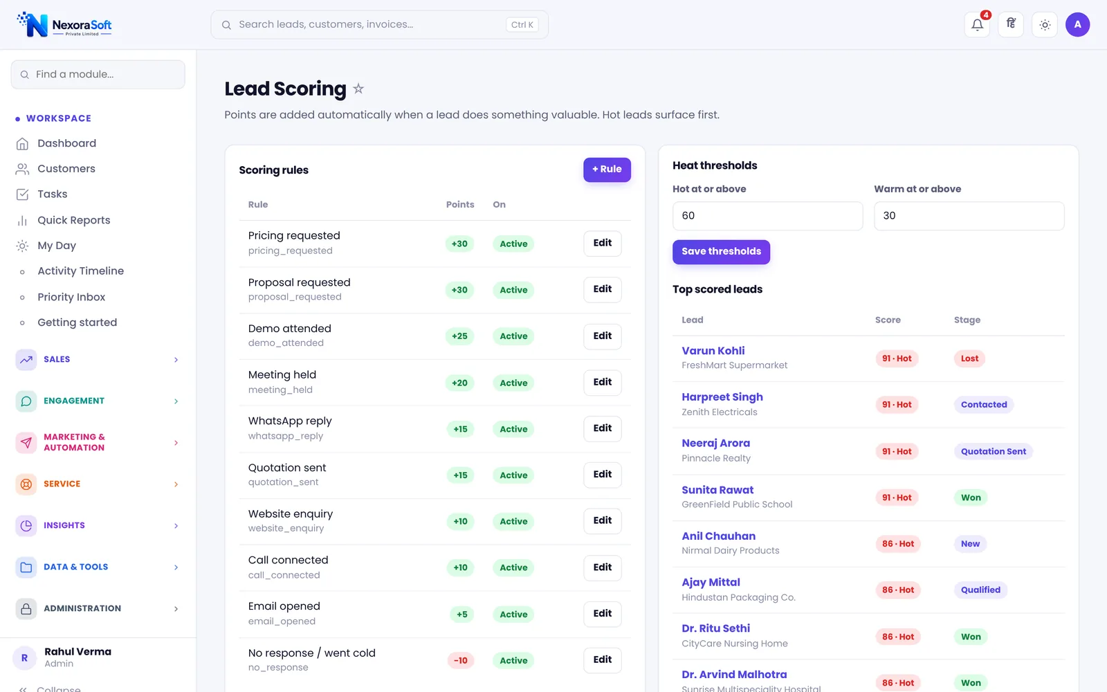 NexoraCRM lead scoring rules with points for pricing requests, demos, meetings and WhatsApp replies, and the top scored leads