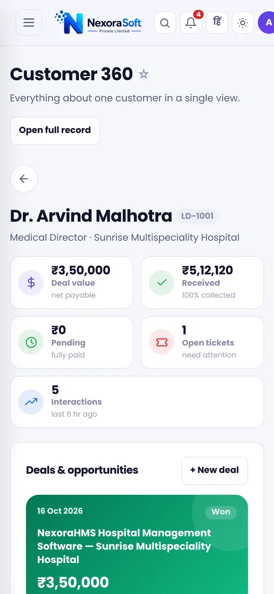 Customer 360 view in the NexoraCRM mobile app showing deal value, payment received, pending amount and interactions
