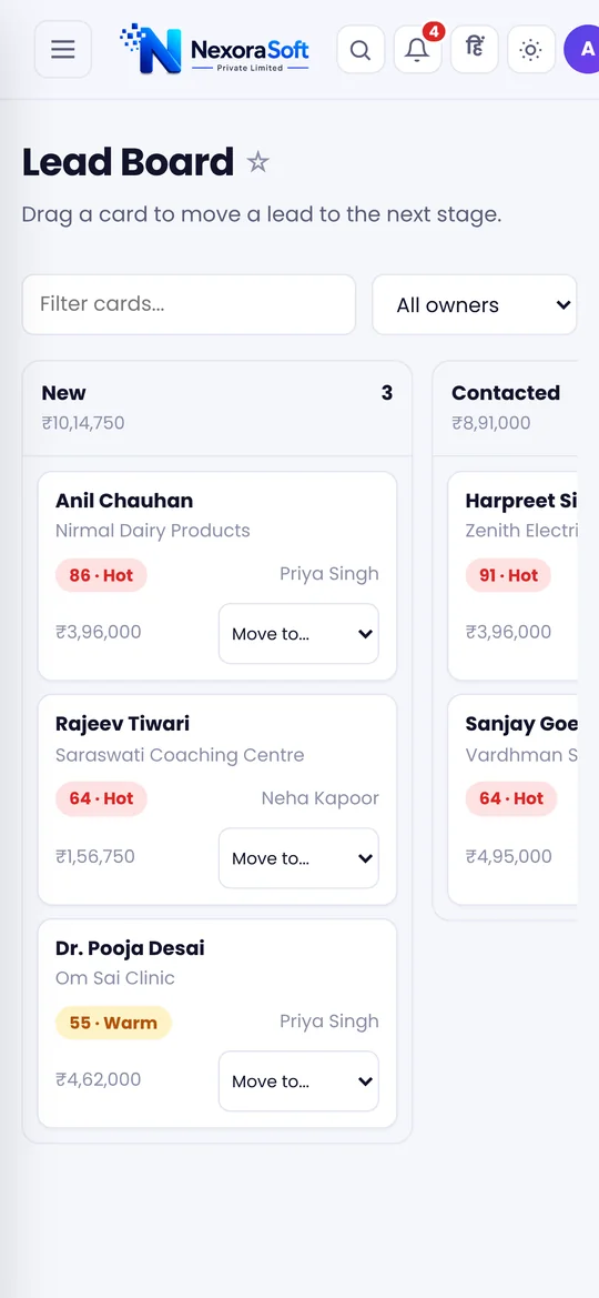 NexoraCRM lead board on a mobile phone with lead cards, lead score and Move to stage buttons