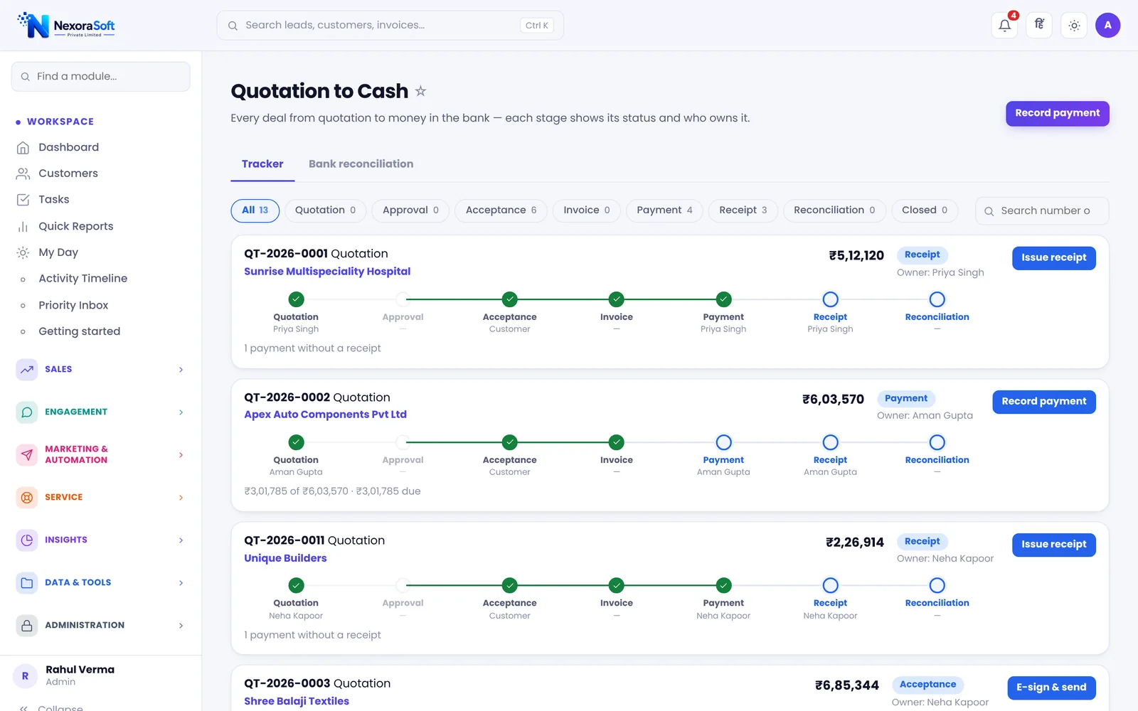 NexoraCRM Quotation to Cash tracker showing quotation, approval, acceptance, invoice, payment, receipt and reconciliation steps for each deal