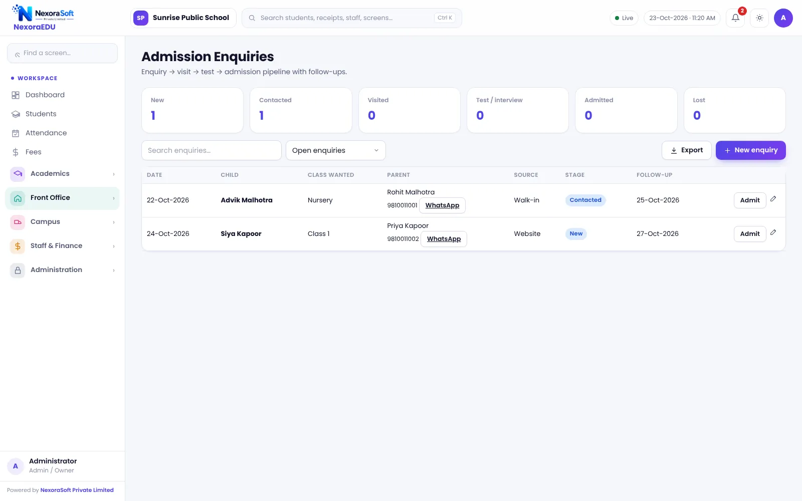 NexoraEDU school management software admission enquiries screen: enquiries tracked from first call to admission, with follow-up status.