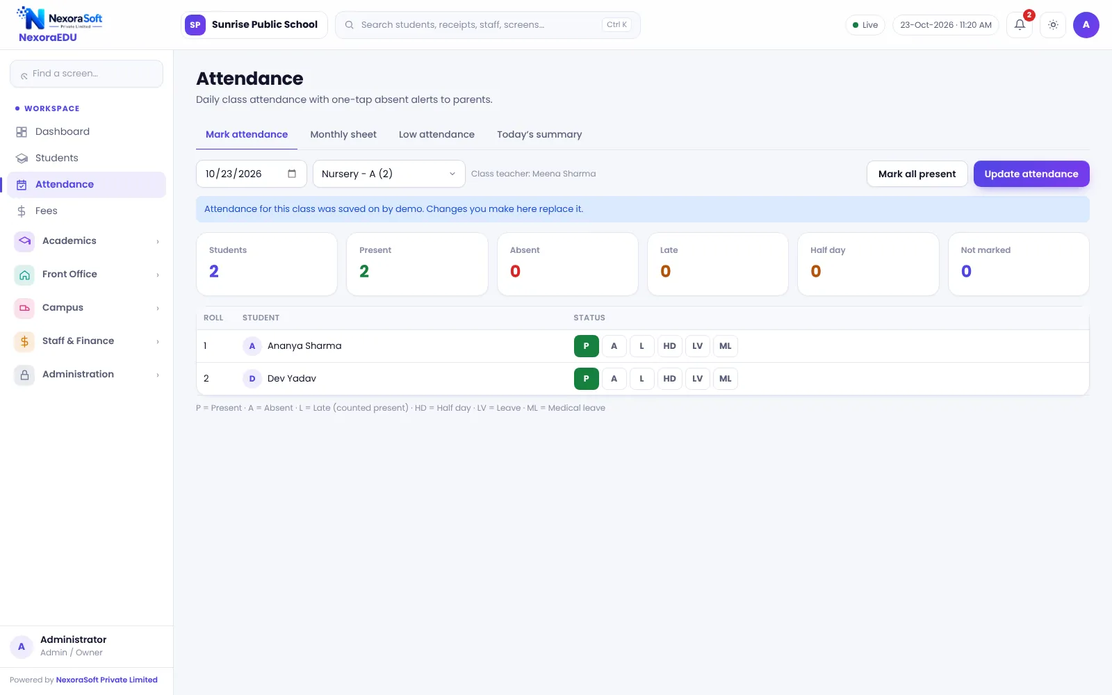 NexoraEDU school management software attendance marking screen: class-wise daily attendance with present, absent, late and leave in a tap.