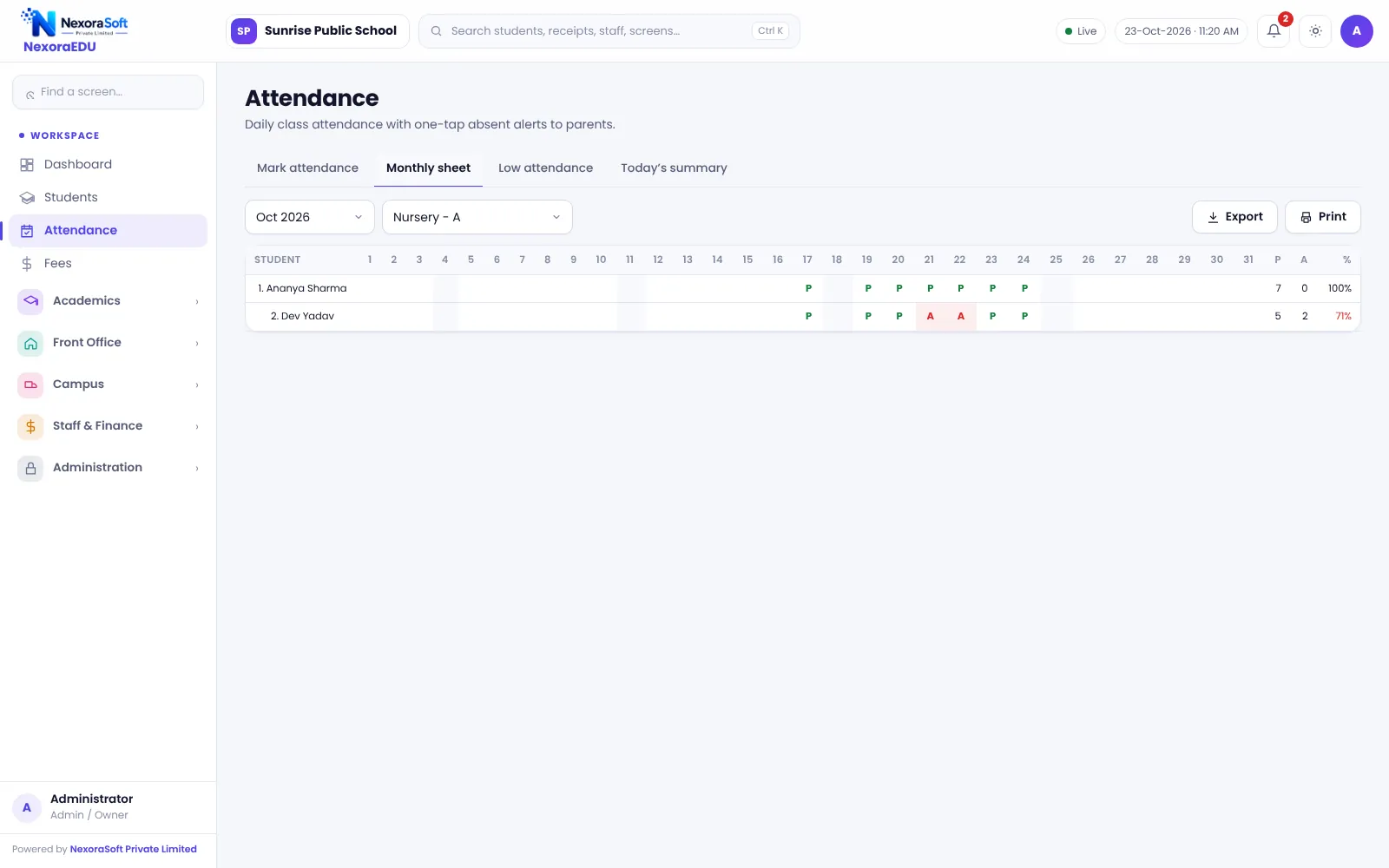 NexoraEDU school management software monthly attendance sheet screen: month view of a class with totals and percentages per student.