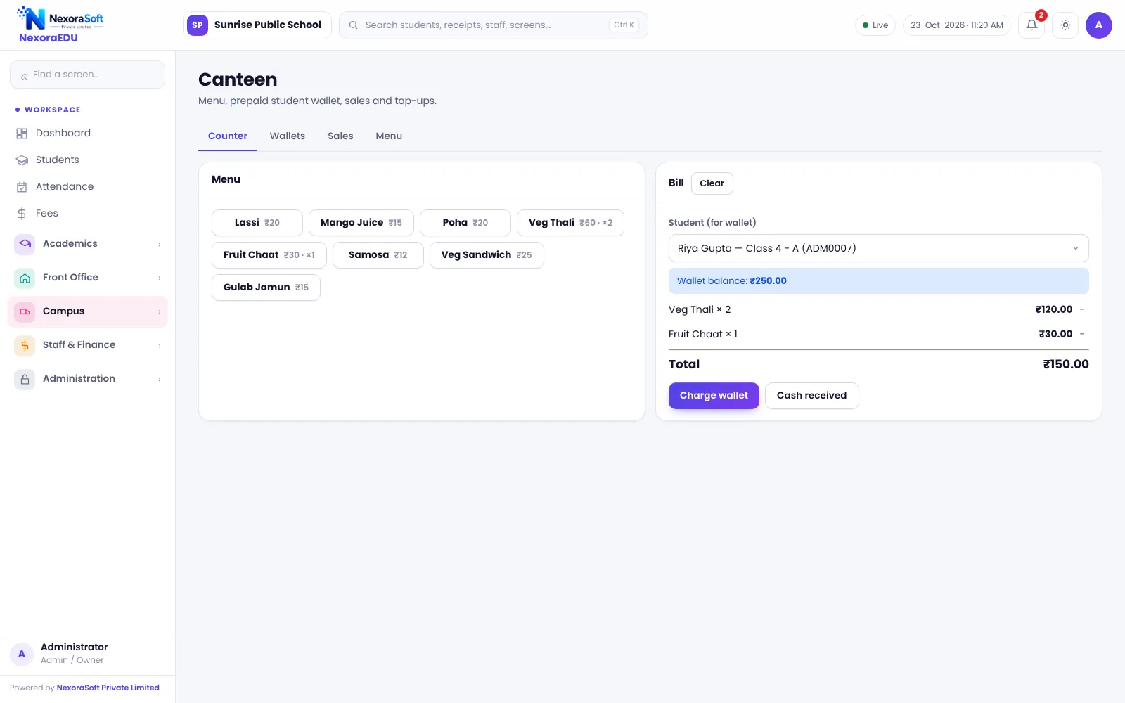 NexoraEDU school management software canteen counter screen: quick billing of canteen items against a prepaid wallet or cash.