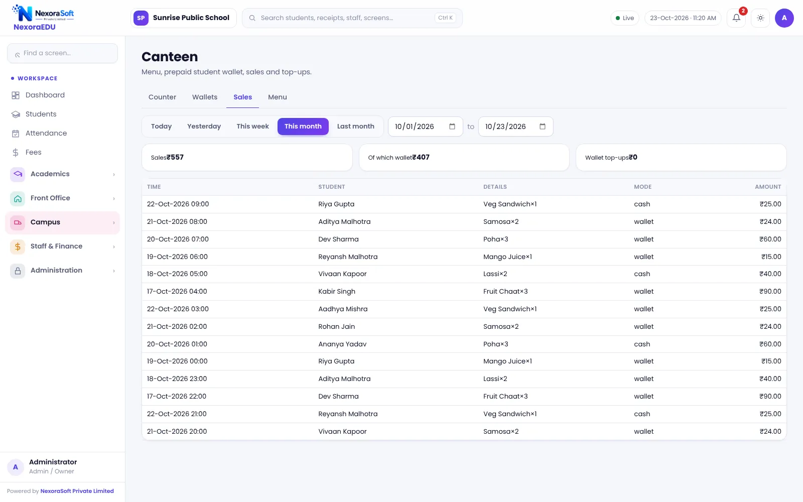 NexoraEDU canteen sales screen with daily totals and items