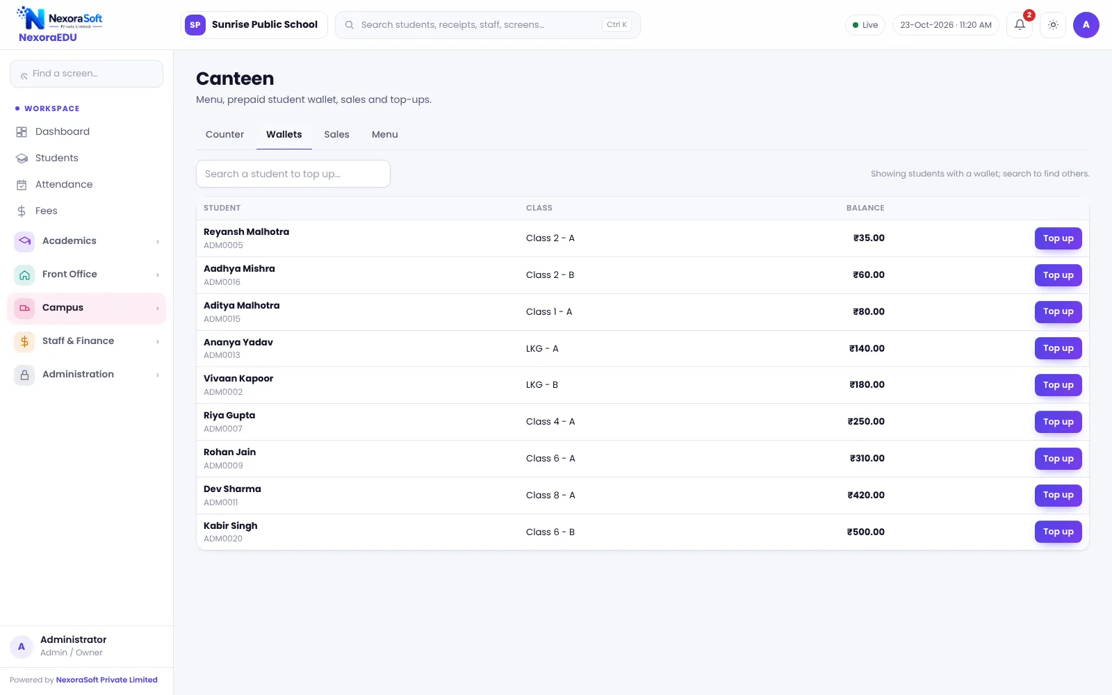 NexoraEDU school management software canteen wallets screen: prepaid wallet balance and top-ups for each student.