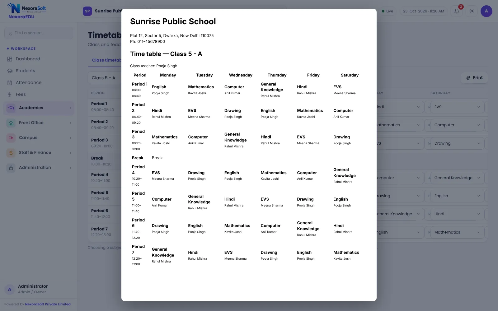 NexoraEDU school management software class timetable screen: printable weekly timetable for a class with subject, teacher and period.