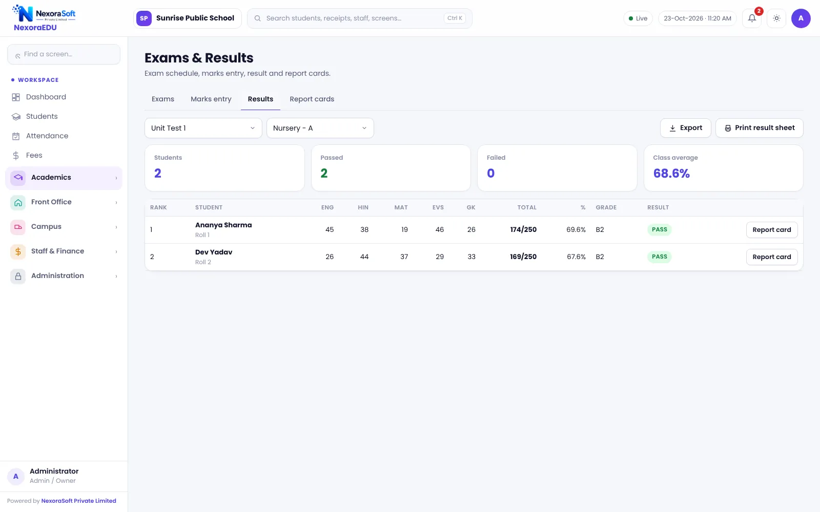 NexoraEDU school management software results with rank screen: class results with total, percentage, grade and rank.