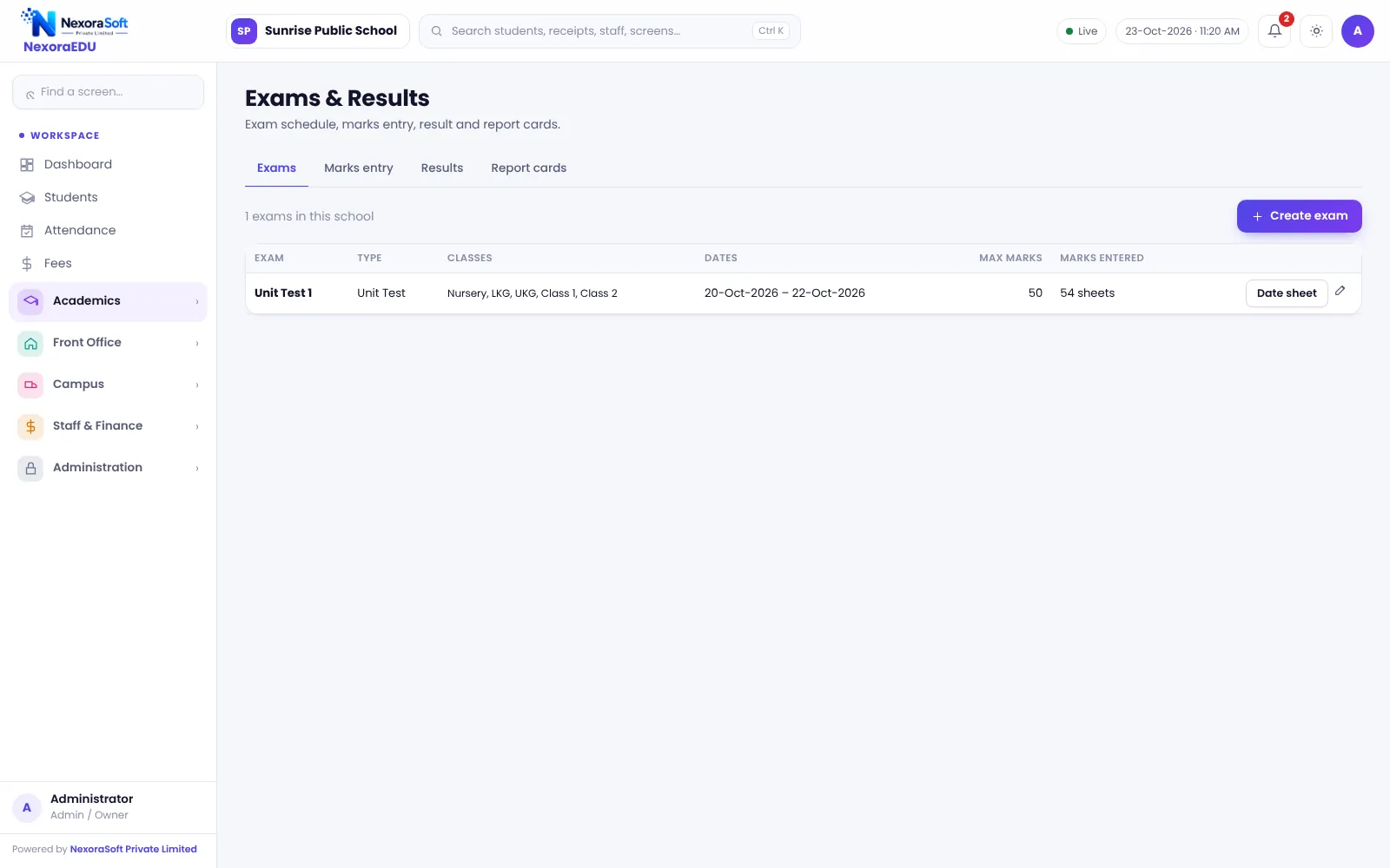 NexoraEDU school management software exam schedule screen: exam terms with dates, subjects and maximum marks.