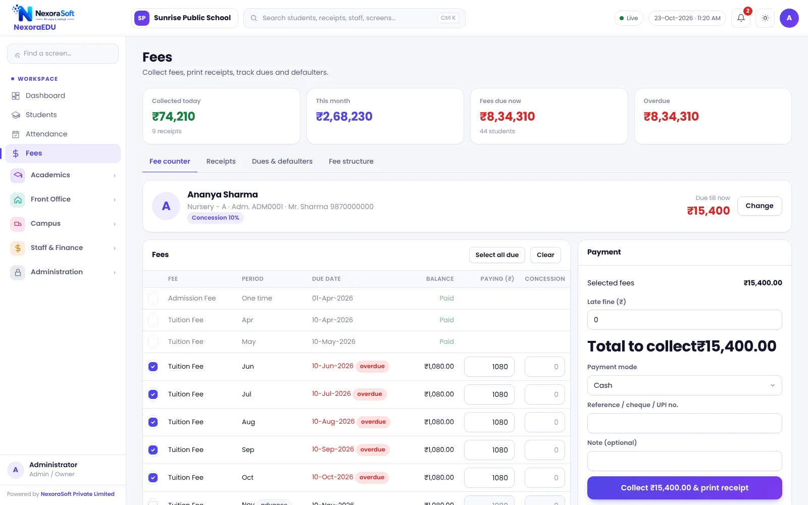 NexoraEDU school management software fee counter screen: search a student, pick fee heads, apply concession or fine, take payment and print a receipt.