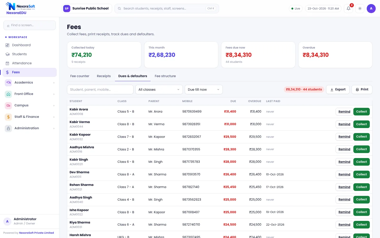 NexoraEDU school management software dues and defaulters screen: class-wise pending fees with WhatsApp reminder for each parent.