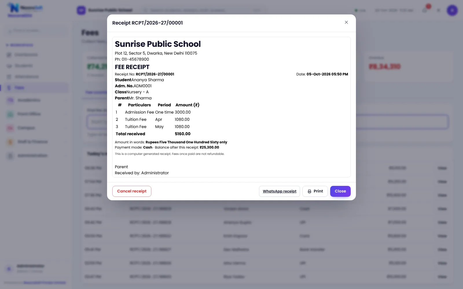 NexoraEDU school management software fee receipt screen: a4 or thermal receipt with school name, fee heads, mode of payment and balance.
