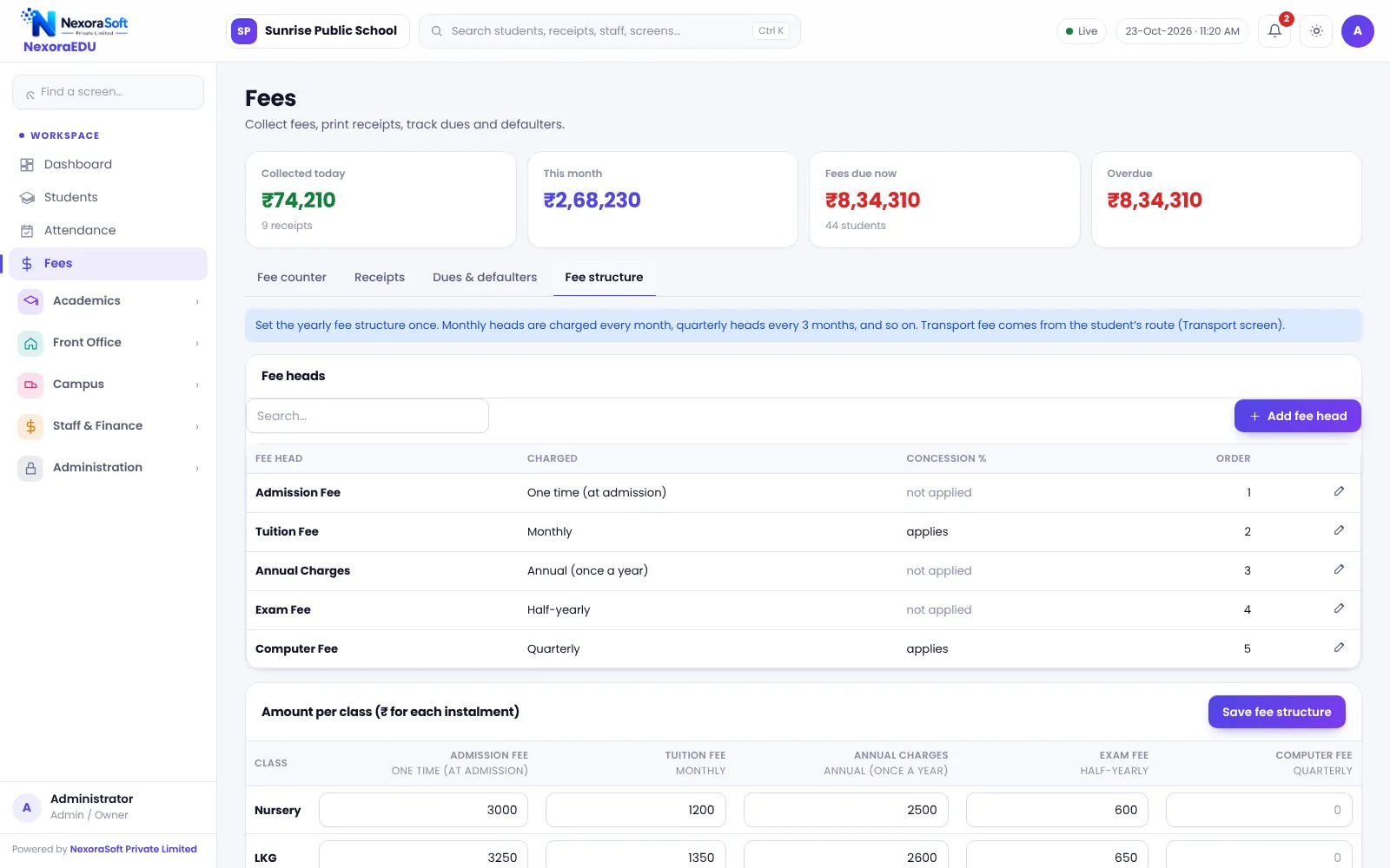 NexoraEDU school management software fee structure screen: class-wise fee heads, amounts and instalment due dates.