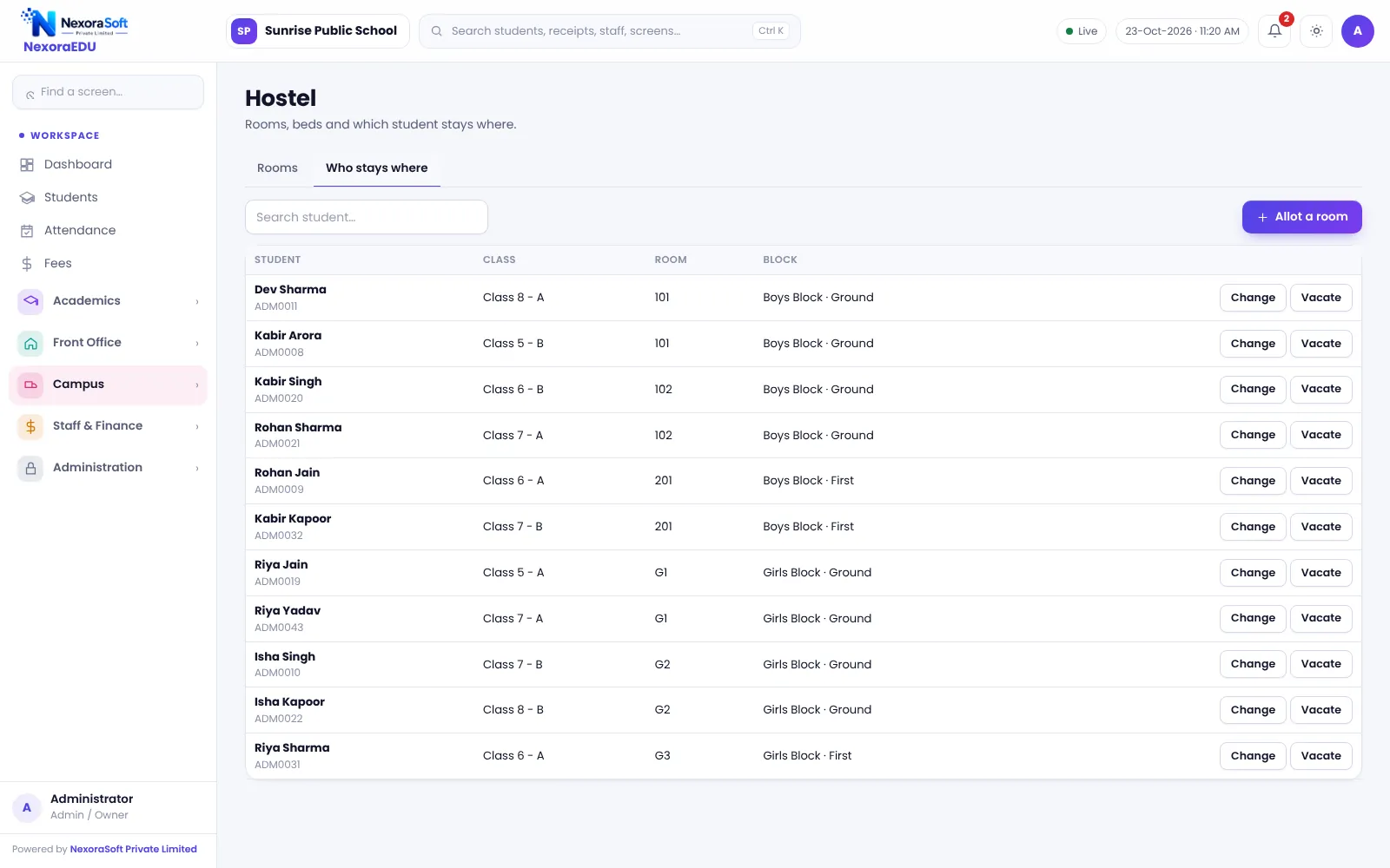 NexoraEDU school management software hostel allotment screen: students allotted to rooms with fee and dates.