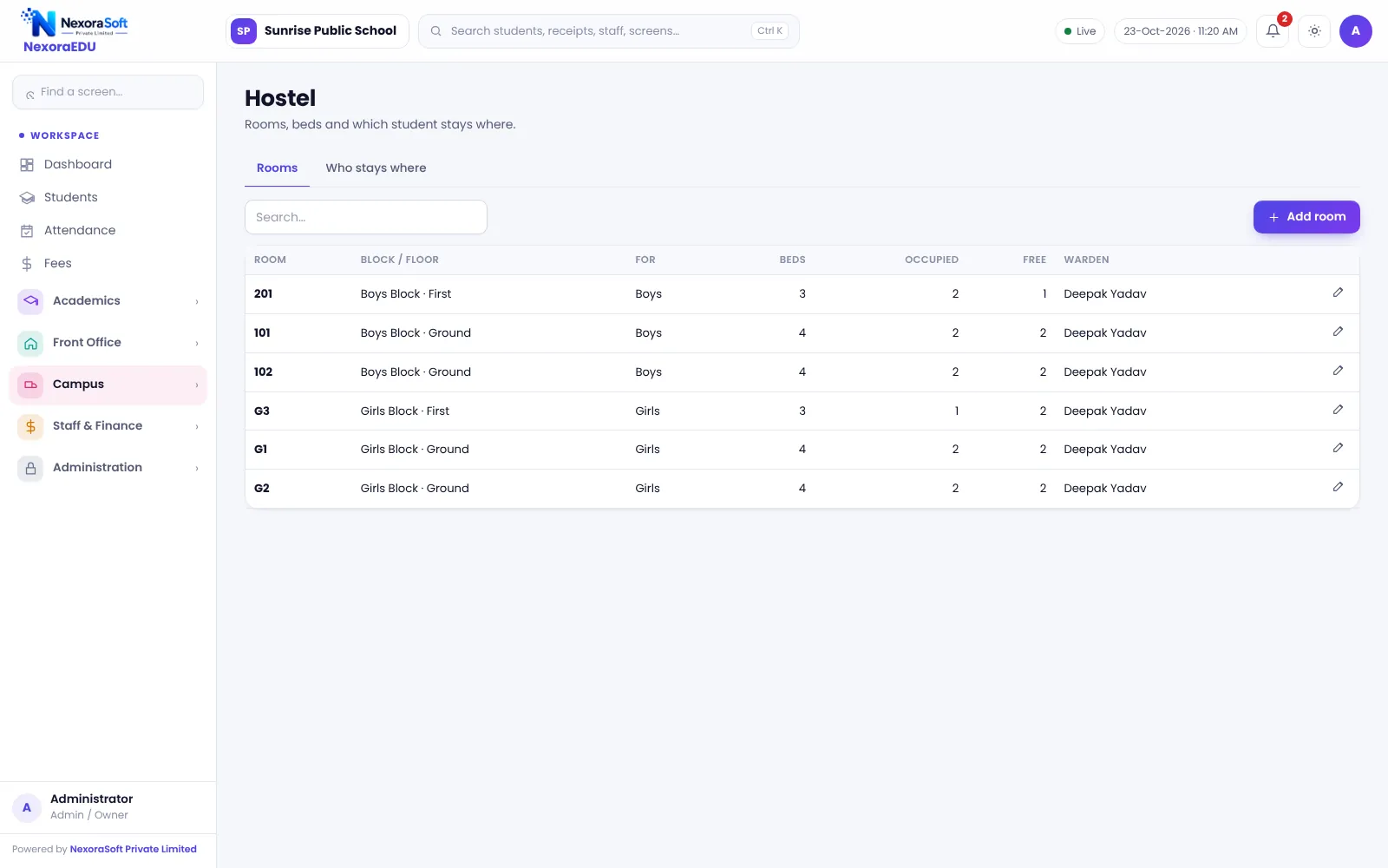 NexoraEDU school management software hostel rooms screen: rooms, beds and occupancy for each hostel.