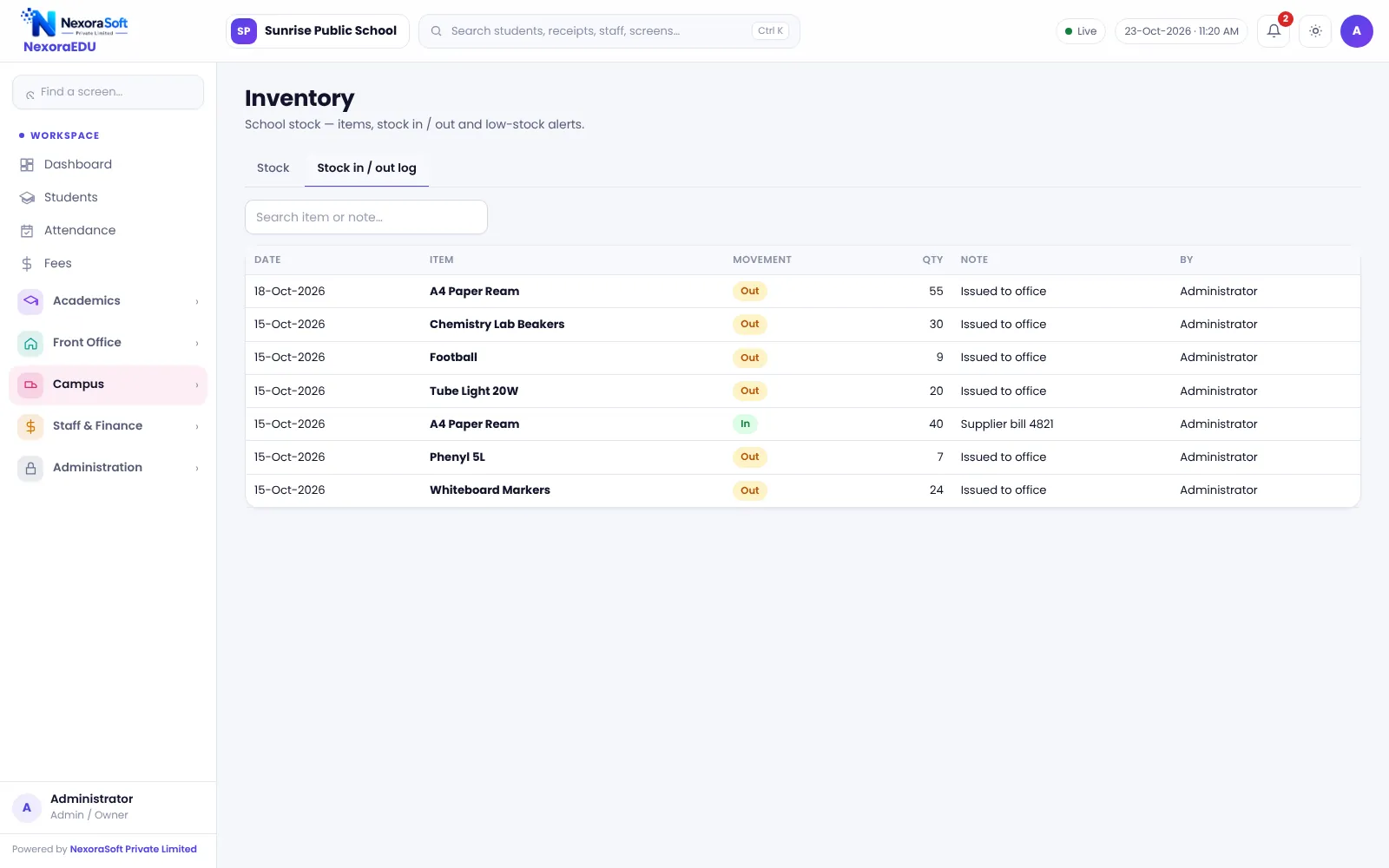 NexoraEDU school management software stock movements screen: stock in, stock out and issues, with a trail.
