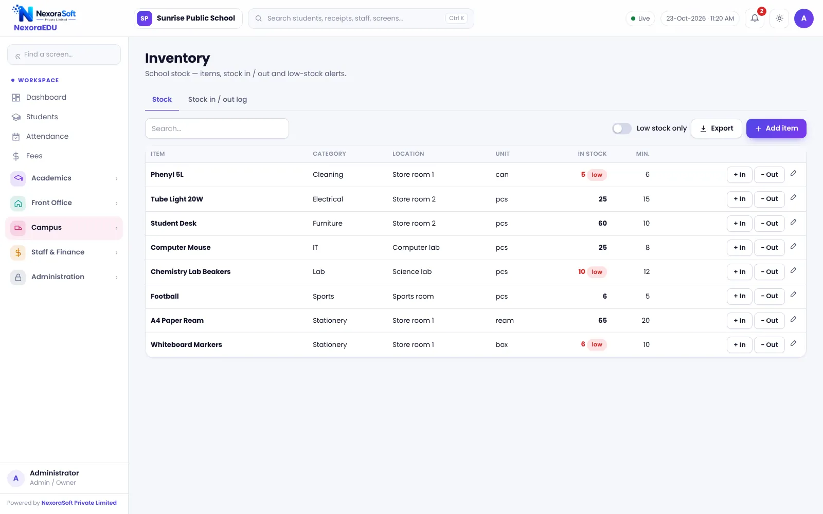 NexoraEDU school management software inventory stock screen: school stores, uniforms and stationery with quantity in stock.