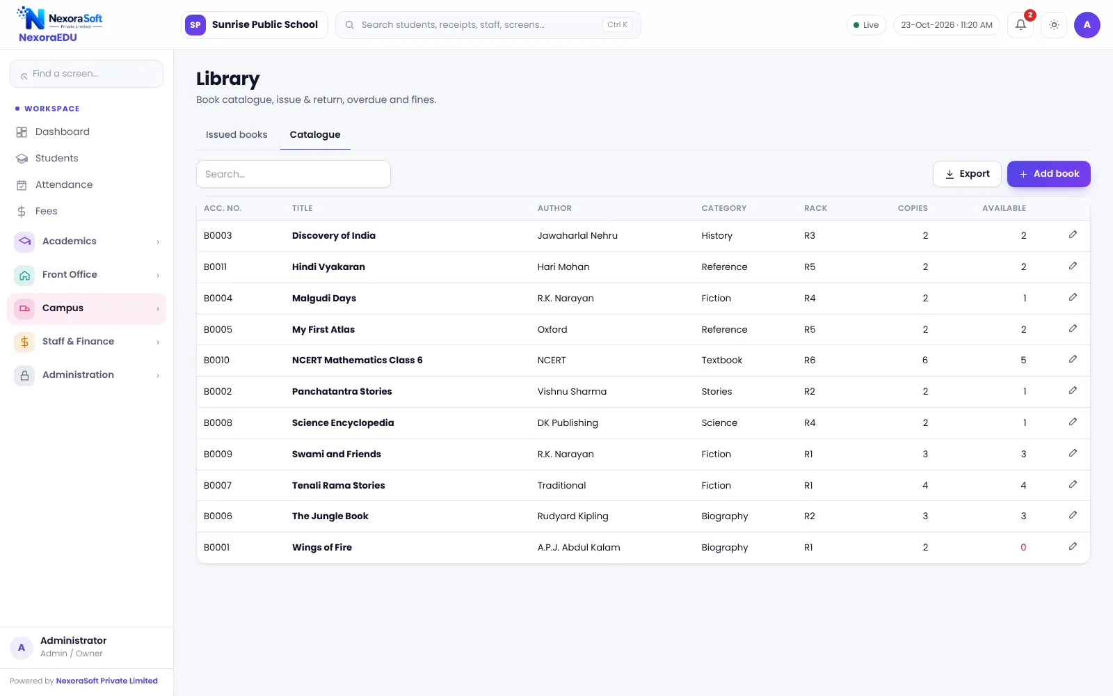 NexoraEDU school management software library catalogue screen: books with author, category, copies and availability.