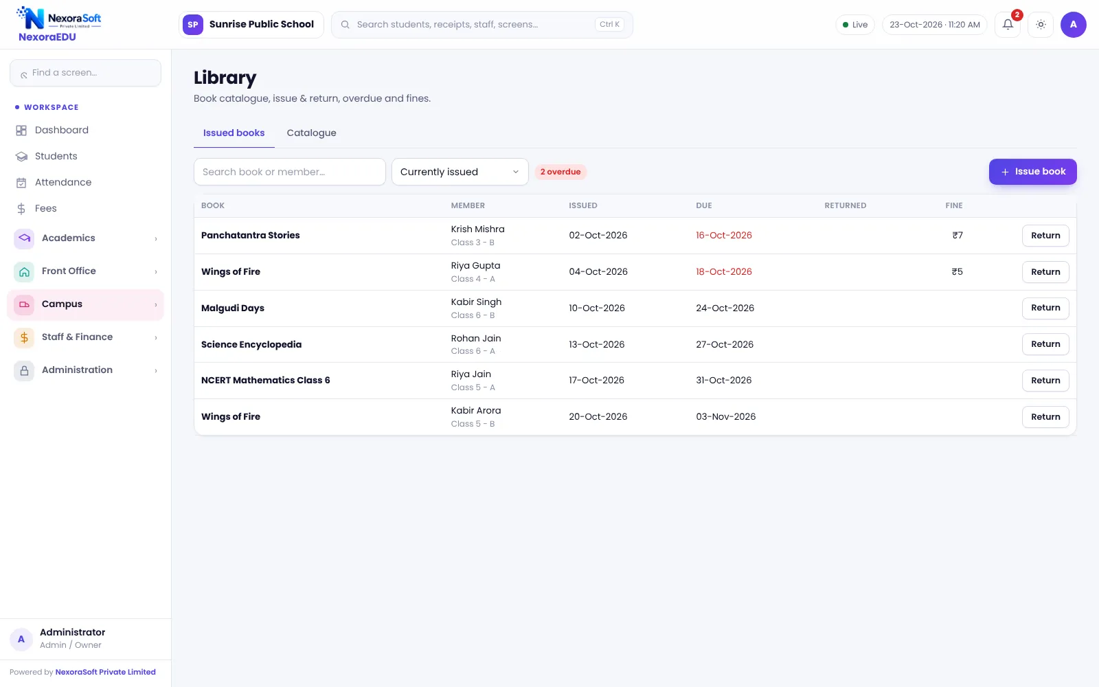 NexoraEDU school management software issued books screen: books issued, due dates, returns and late fines.