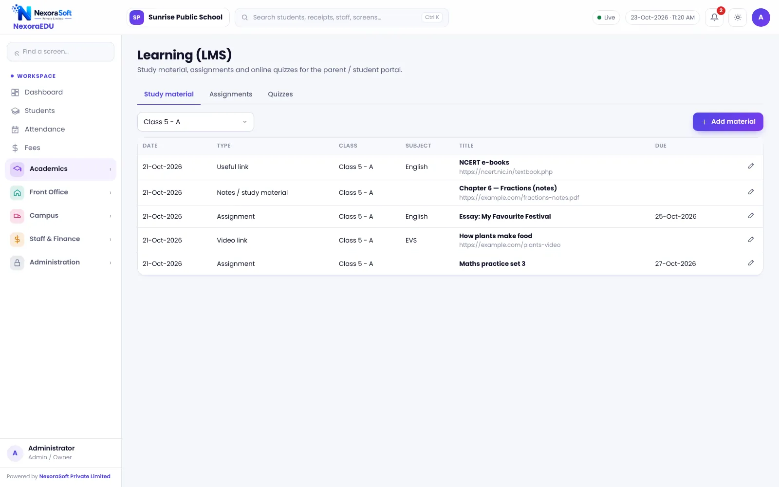 NexoraEDU school management software study material screen: notes and files shared class-wise with students.
