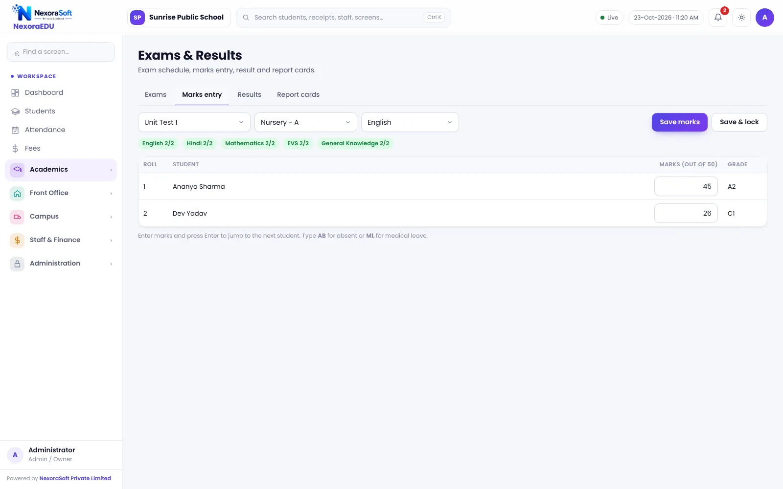 NexoraEDU school management software marks entry screen: subject-wise mark entry by teachers, with lock after verification.