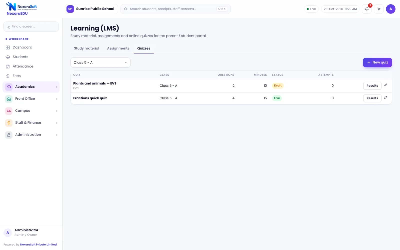 NexoraEDU school management software online quizzes screen: timed multiple-choice quizzes that mark themselves.