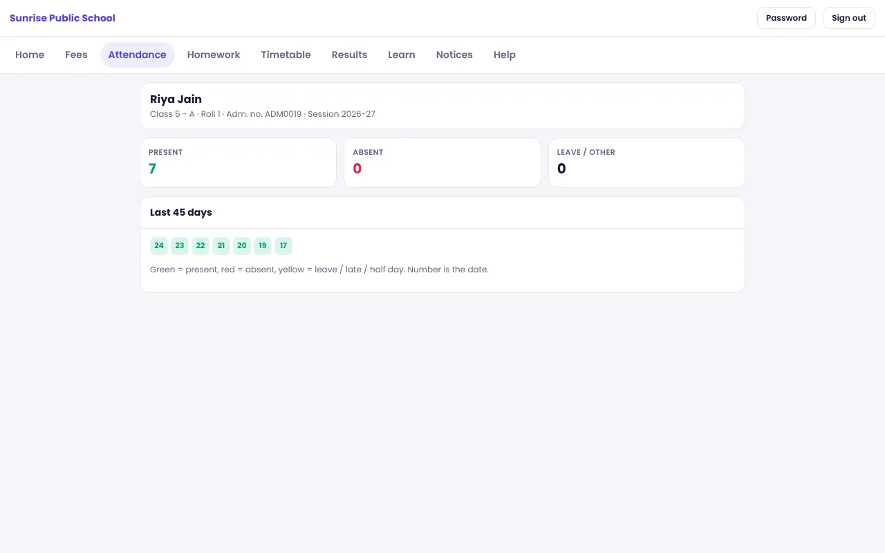 NexoraEDU school management software portal attendance screen: parents see daily and monthly attendance of their child.