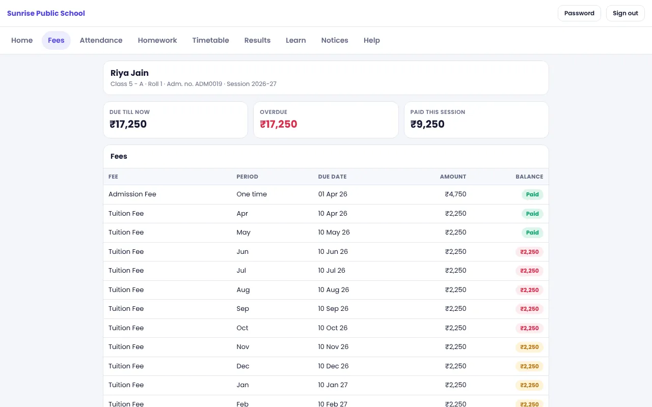 NexoraEDU school management software portal fees and receipts screen: fee due, paid receipts and the option to pay online when it is enabled.