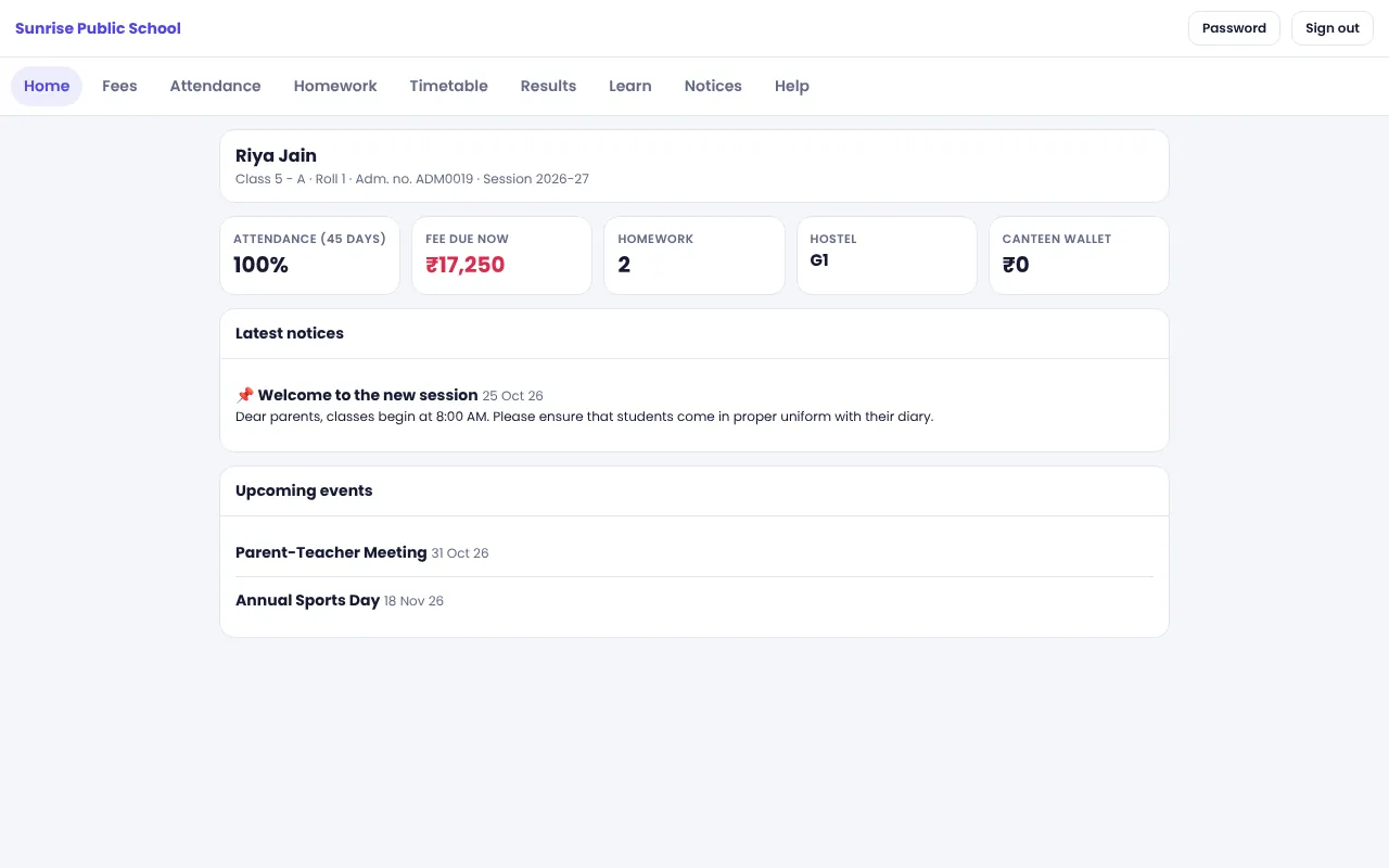 NexoraEDU school management software parent portal home screen: what a parent sees after login: child summary, dues, attendance and notices.