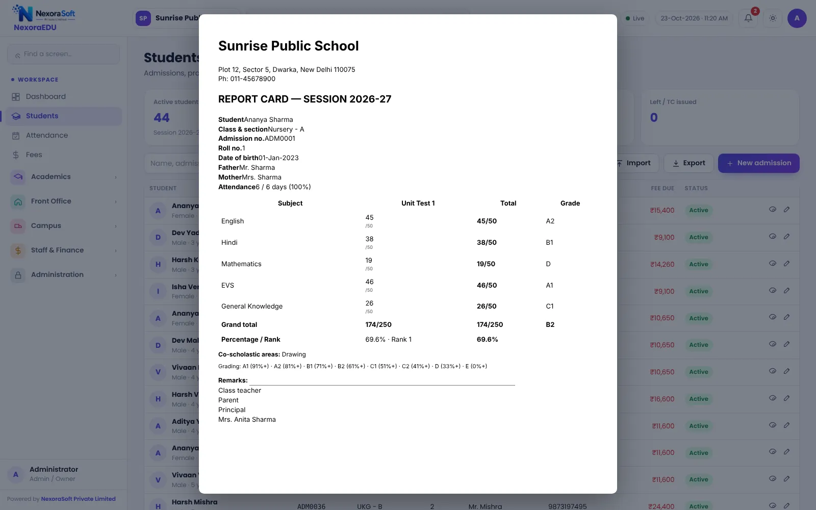 NexoraEDU report card with marks, grade, attendance and remarks