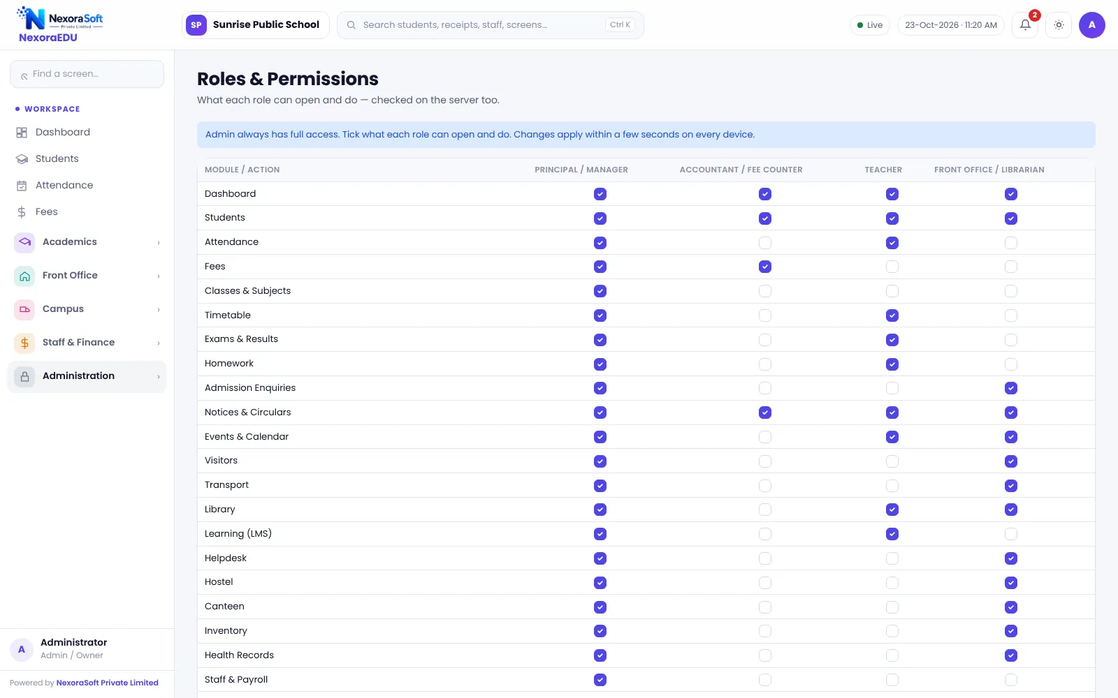 NexoraEDU roles and permissions screen showing what each role can do