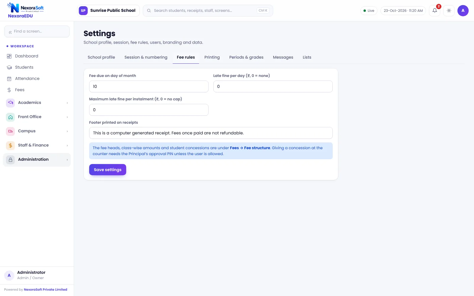 NexoraEDU school management software fee rules screen: late fine, receipt format, concession approval and online payment settings.