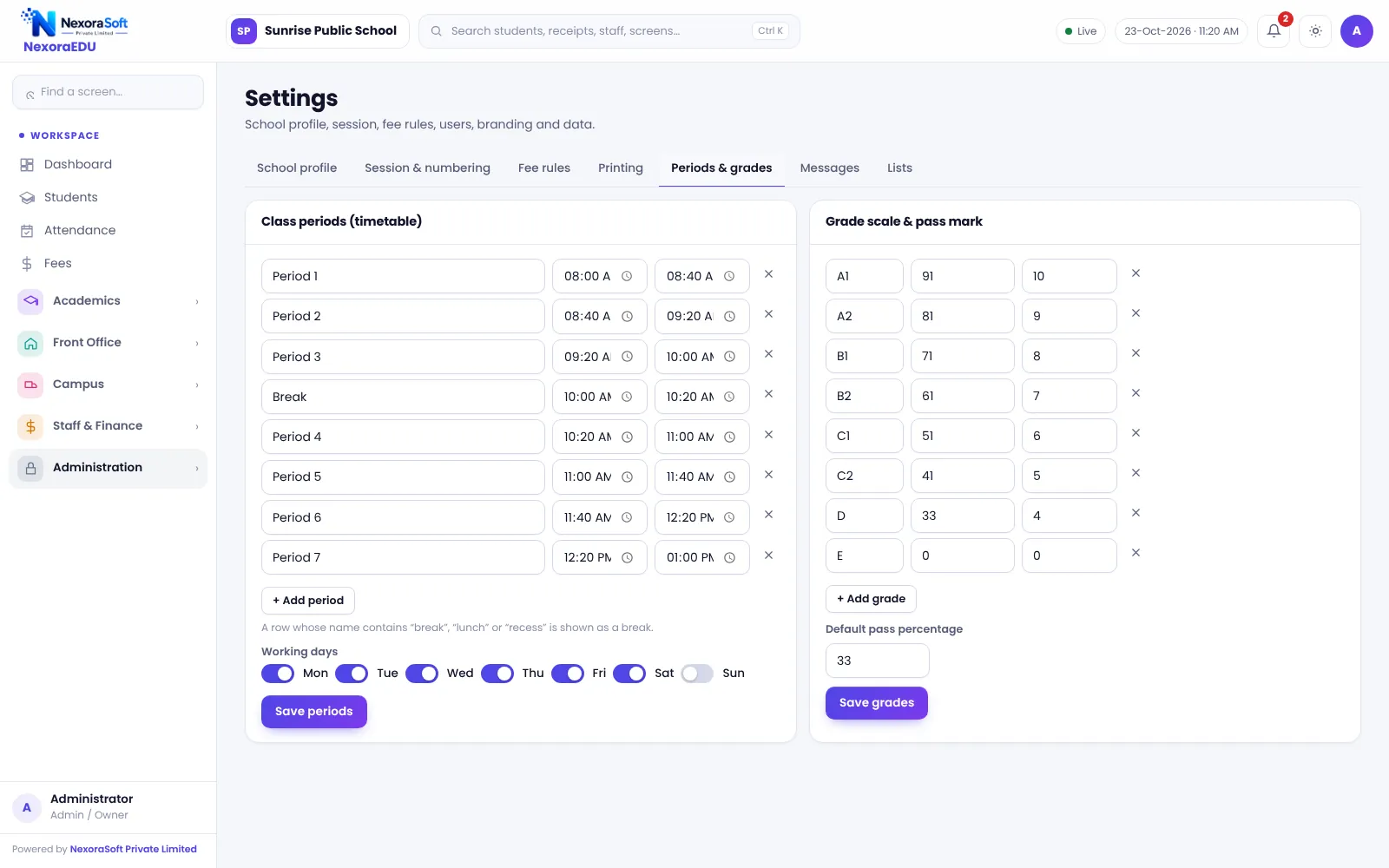 NexoraEDU school management software periods and grade scale screen: period timings and the grade scale used for results.
