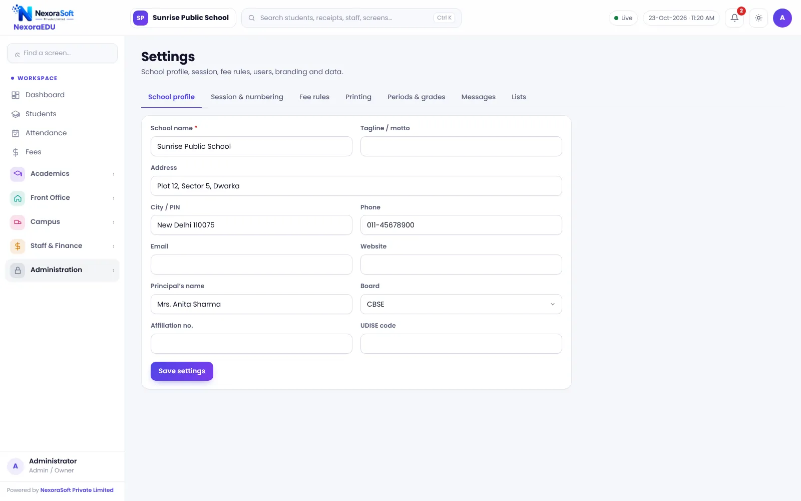 NexoraEDU school profile settings used during setup