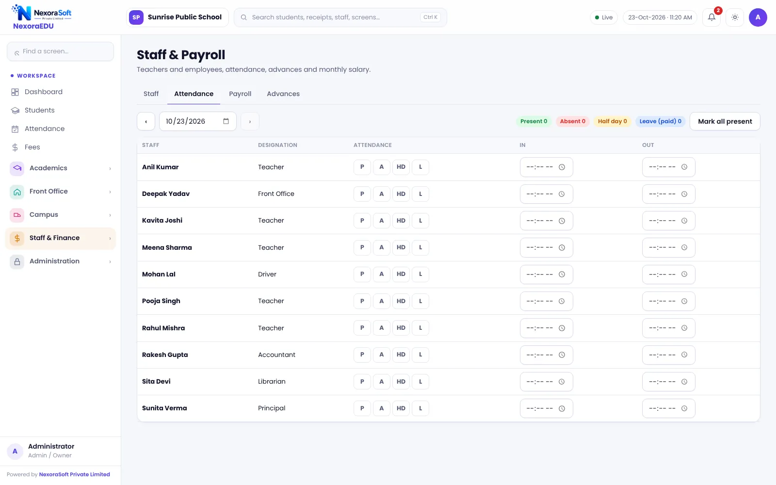 NexoraEDU school management software staff attendance screen: daily staff attendance with leave and half-day.