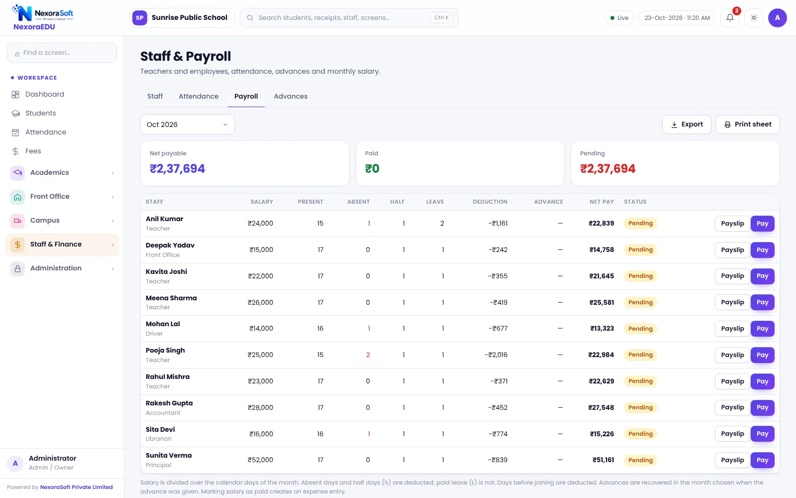 NexoraEDU school management software staff payroll screen: monthly salary processing with deductions and net pay.