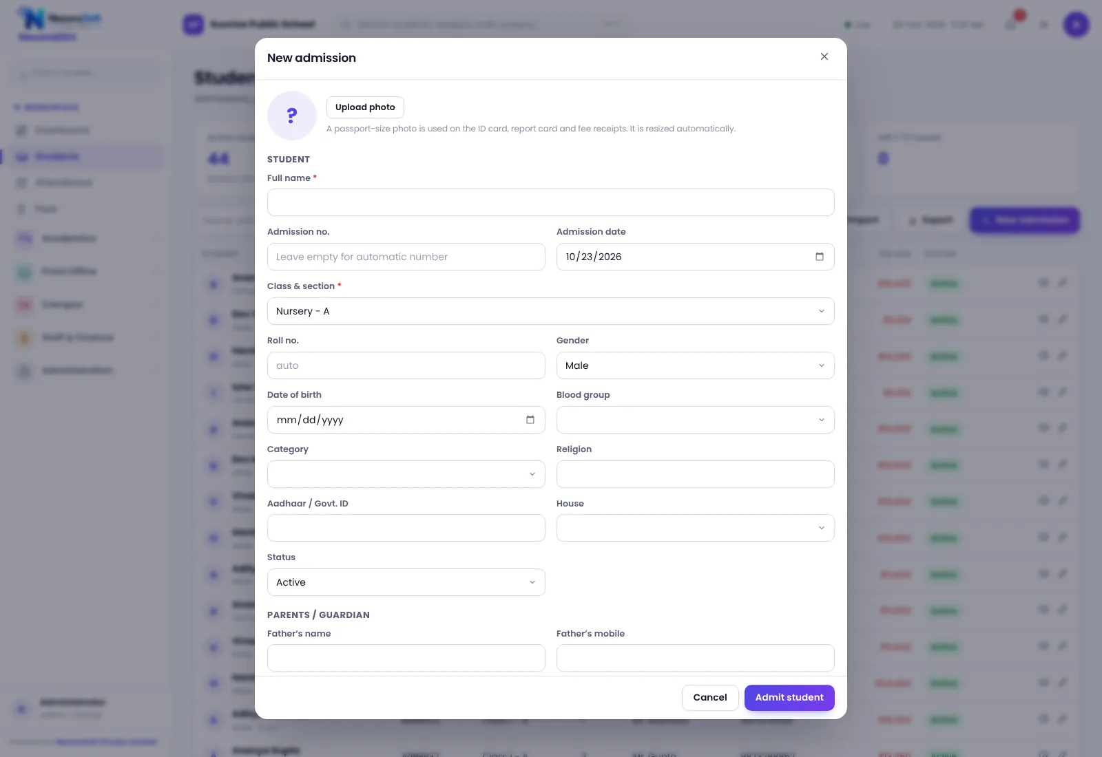 NexoraEDU school management software student admission form screen: admission details, parent information, class, section, transport and documents in one form.