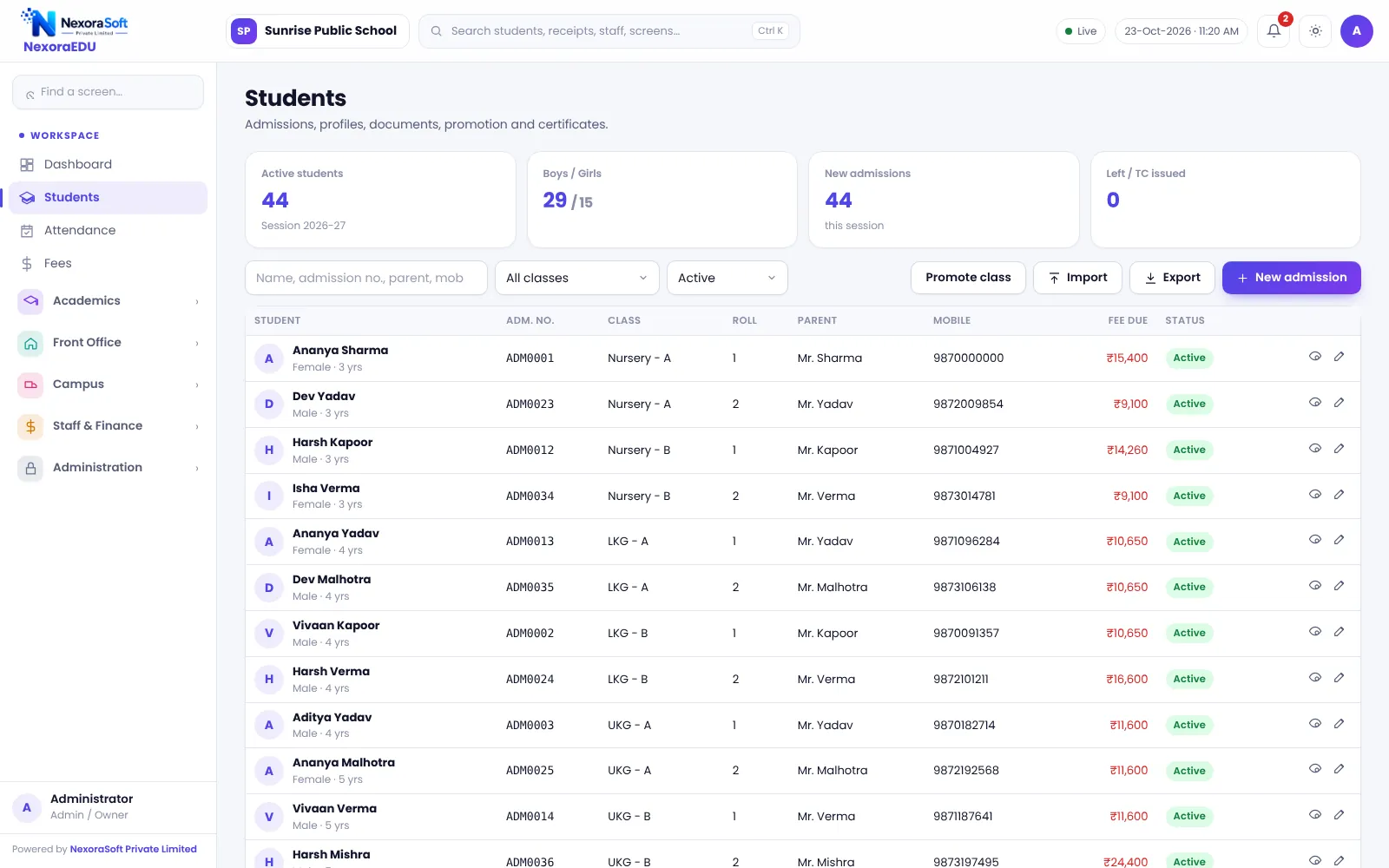 NexoraEDU school management software student list screen: searchable student register by class, section and status, with import and export.
