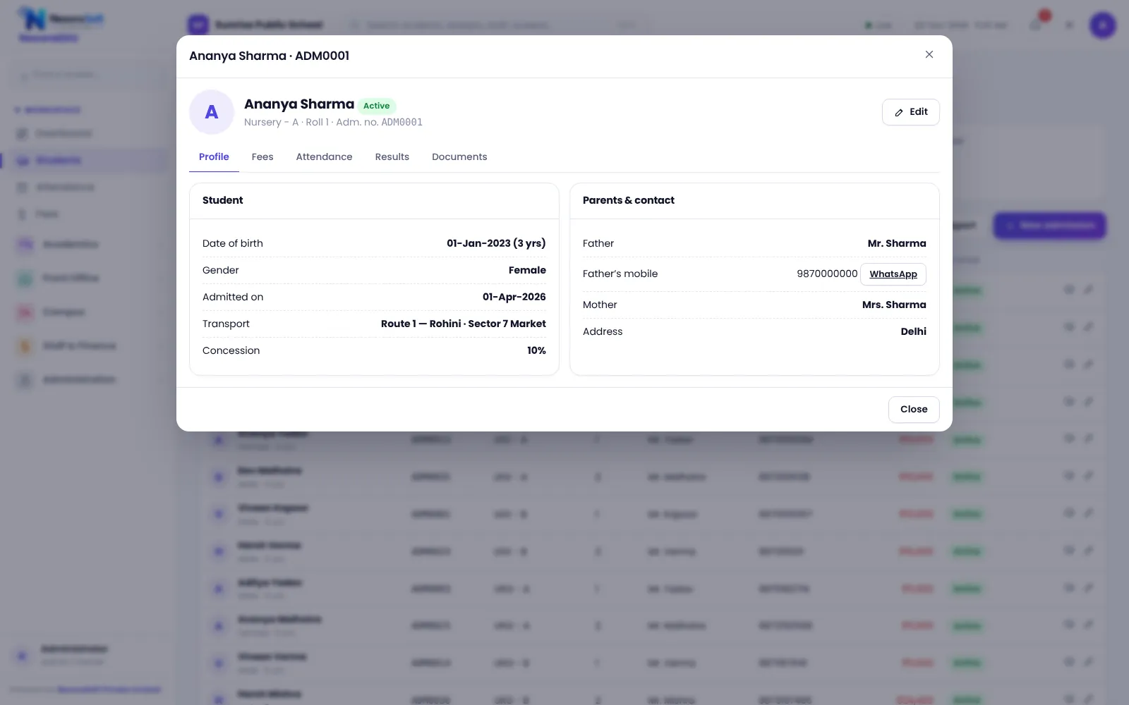 NexoraEDU school management software student profile screen: personal details, guardians, fees, attendance, documents and siblings in a single profile.