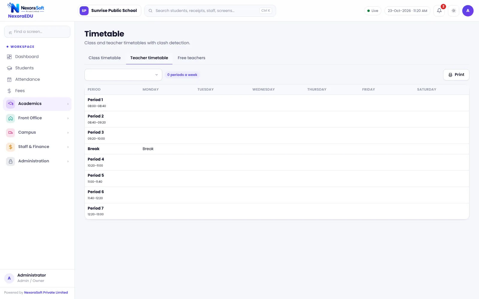 NexoraEDU school management software teacher timetable screen: each teacher’s weekly schedule with free periods.