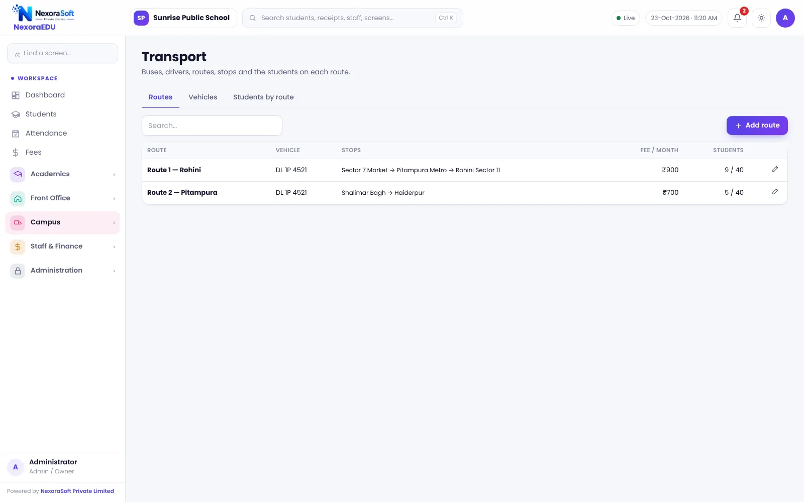 NexoraEDU school management software transport routes screen: routes, stops, vehicles, drivers and monthly route fee.